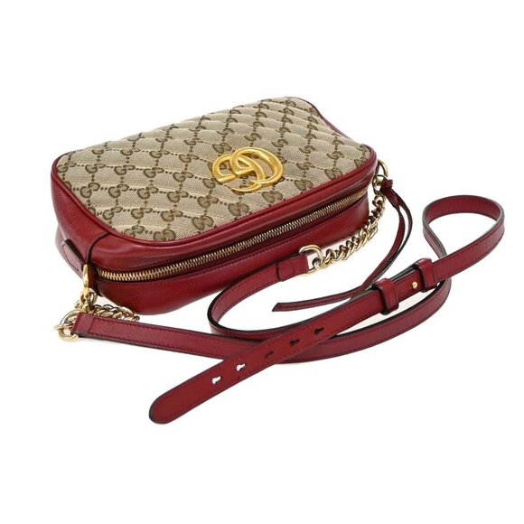 GUCCI Marmont GG Pattern Chain Shoulder Bag Canvas Leather Brown Red - Picture 6 of 14